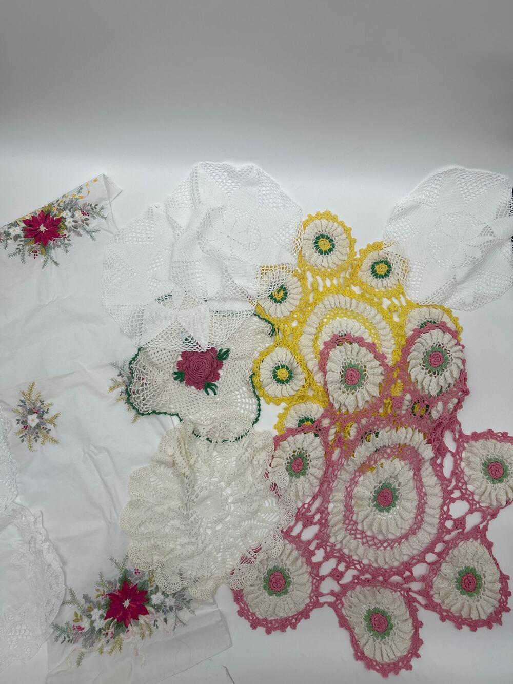Vintage Handmade Crochet Embroidered Linens Lot 1 Runner 10 Doilies Cottagecore